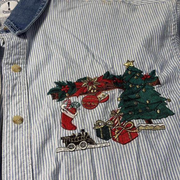 Solutions Original Christmas Embroidered Shirt Womens Medium Blue Stripe 90s - Picture 5 of 9